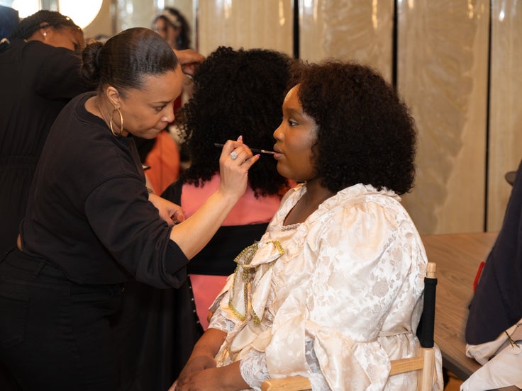 Dana helps student Min prepare for HSA's 60th Anniversary Gala held at Manhattan's Ziegfeld Ballroom in New York on Monday, May 20, 2024.