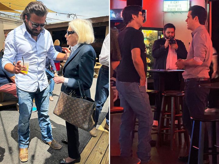 At left, Brandon Herrera speaks with a supporter at San Antonio's Thirsty Horse Saloon. At right, Rep. Matt Gaetz of Florida (far right) mingles before the event at the bar.