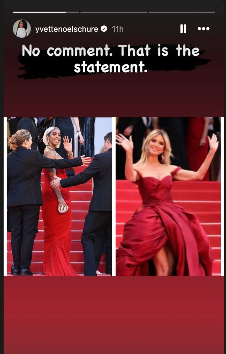 A screenshot from Yvette Noel-Schure's Instagram stories comparing the red carpet treatment of Rowland and Klum.