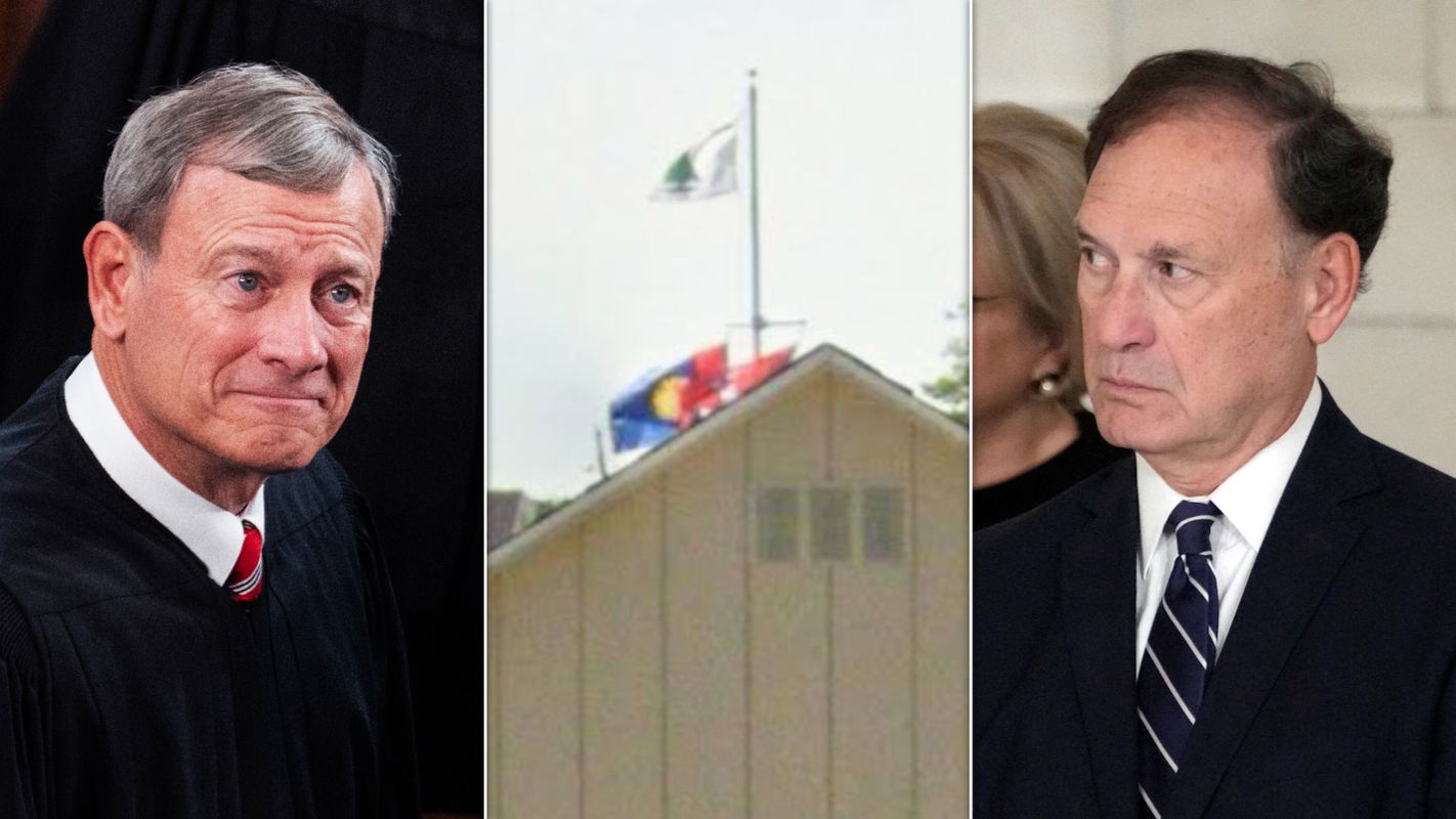 Supreme Court Chief Justice John Roberts, Google Street View: An "Appeal to Heaven" flag seen outside the Alito home in New Jersey in August, 2023., Justice Samuel Alito