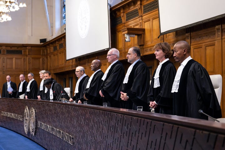 Judges with the The Hague's International Court of Justice rise during a hearing for South Africa's request to demand a cease-fire in Gaza, on May 24, 2024. The ICJ ordered Israel to "immediately halt" its military offensive in Rafah, Gaza.