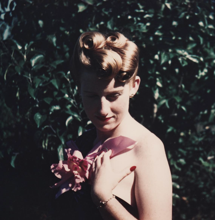 The author's mother, Irene Hall, age 21, with her hair styled by the author's father, in San Carlos, California, in 1945.