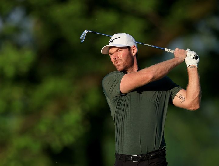 Grayson Murray swings during the first round of the 2024 PGA Championship at Valhalla Golf Club in Louisville, Kentucky, on May 16, 2024. His parents confirmed he died by suicide in a statement on Sunday.