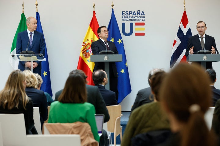 Spanish Foreign Affairs Minister Jose Manuel Albares (C), Norwegian Foreign Minister Espen Barth Eide (R) and Irish Foreign Minister Micheal Martin (L) hold a joint press conference at the the Permanent Representation of Spain to the European Union in Brussels on May 27, 2024. Ireland, Norway and Spain's governments decided to recognize a Palestinian state from next week.