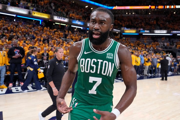 Boston Celtics guard Jaylen Brown (7) celebrates after Game 4 of the NBA Eastern Conference basketball finals against the Indiana Pacers, Monday, May 27, 2024, in Indianapolis.