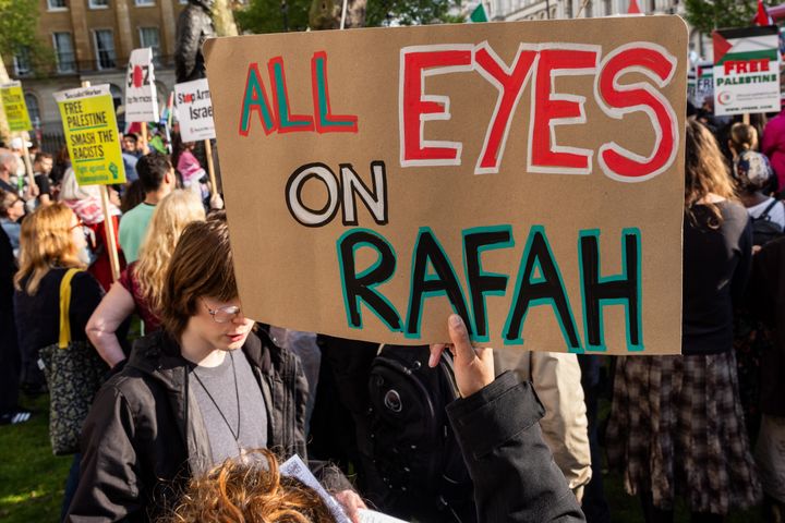 A pro-Palestinian protester holds up a sign reading 'All Eyes On Rafah' during a Hands Off Rafah demonstration outside Downing Street in May.