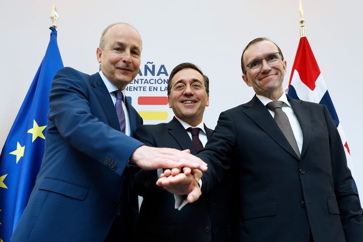 From right, Norway's Foreign Minister Espen Barth Eide, Spain's Foreign Minister Jose Manuel Albares Bueno and Ireland's Foreign Minister Micheal Martin at the end of a media conference, during talks on the Middle East, in Brussels on Monday.