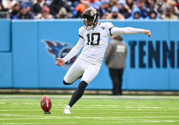 Brandon McManus kicks off for Jacksonville Jaguars during an NFL game against the Tennessee Titans on January 7, 2024.