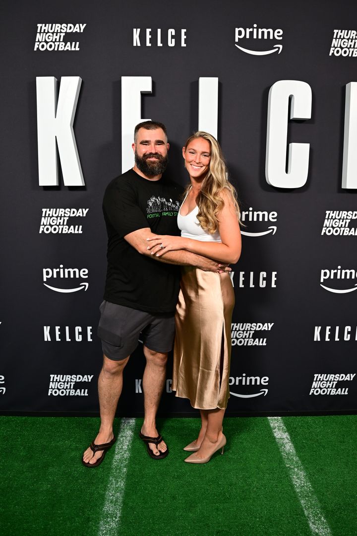 Jason Kelce and Kylie Kelce photographed together at the world premiere of documentary, "Kelce," on September 08, 2023 in Philadelphia, Pennsylvania. 