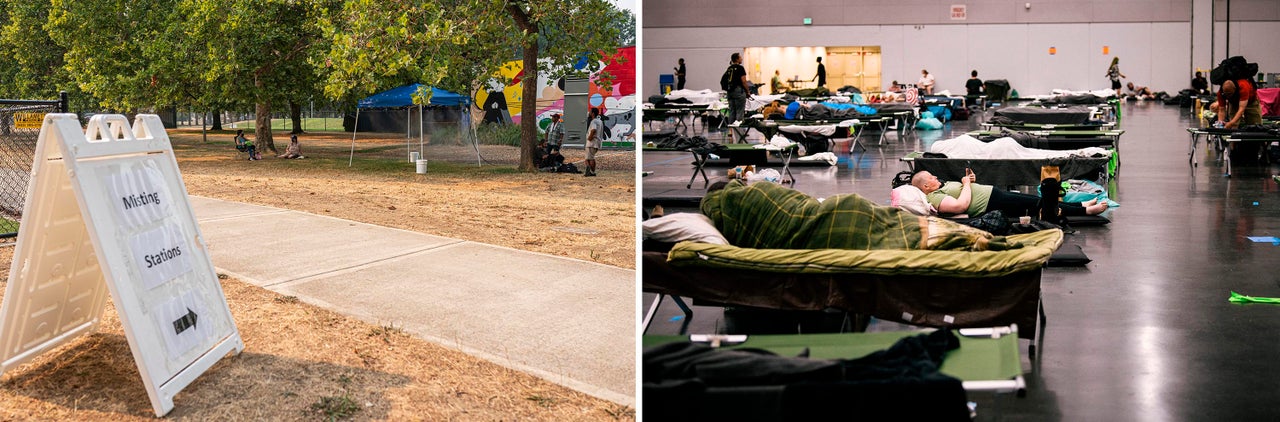Izquierda: Los residentes de Portland permanecen cerca de una estación de nebulización en Lents Park durante una ola de calor en Portland. Derecha: La gente descansa en la estación de enfriamiento del Centro de Convenciones de Oregón.