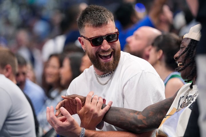 Kansas City Chiefs tight end Travis Kelce attends Game 3 of the NBA Western Conference finals between the Dallas Mavericks and the Minnesota Timberwolves on Sunday in Dallas.