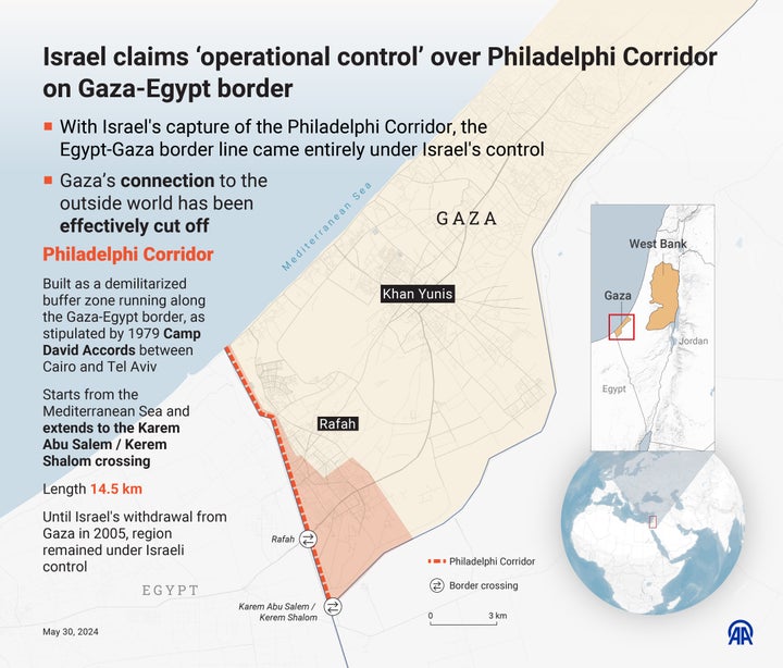 An infographic about the Philadelphi Corridor, created in Ankara, Turkey on May 30, 2024. With Israel's capture of the corridor, the Egypt-Gaza border line came entirely under Israel's control.