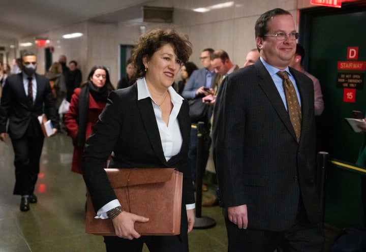 New York Executive Assistant District Attorney Susan Hoffinger, center, and Assistant District Attorney Joshua Steinglasst, arrive to a courtroom as the Trump Organization's former CFO, Allen Weisselberg, is due for sentencing on Jan. 10, 2023, in New York. 