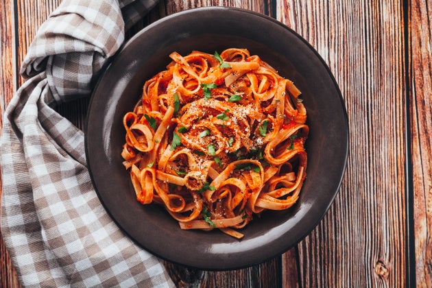 Tagliatelle with tomato sauce.