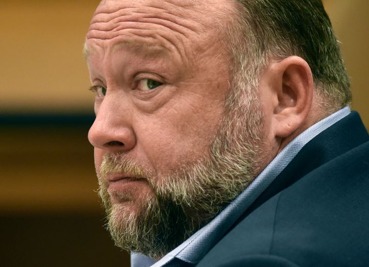 Infowars founder Alex Jones is seen in court in 2022 to testify during the Sandy Hook defamation damages trial.