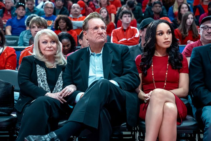 Jacki Weaver as Shelly Sterling, Ed O'Neill as Donald Sterling and Cleopatra Coleman as V. Stiviano in "Clipped."