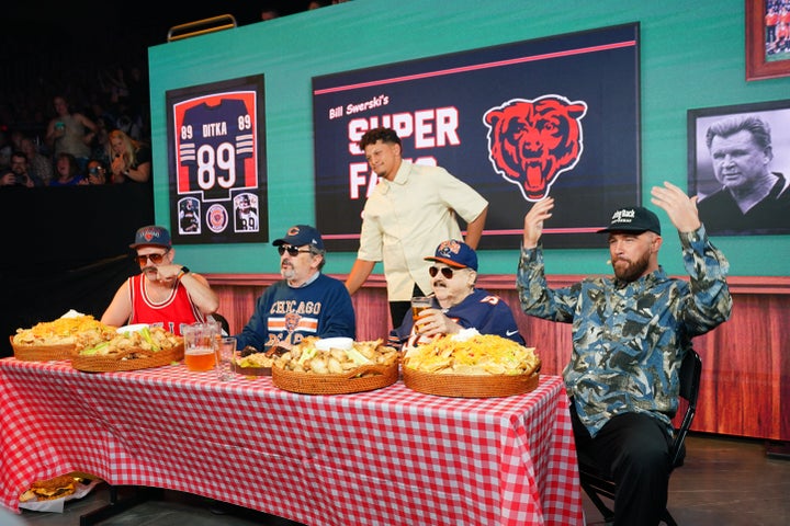 Jason Sudeikis, Robert Smigel, Patrick Mahomes, George Wendt and Travis Kelce perform onstage during 2024 Big Slick Celebrity Weekend on Saturday.