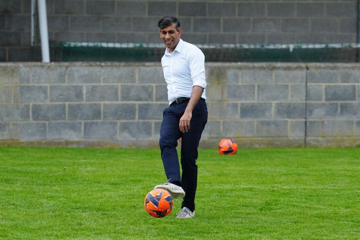 Rishi Sunak participates in football activities on the campaign trail.