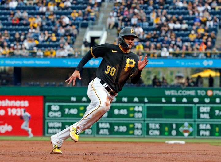 Tucupita Marcano #30 of the Pittsburgh Pirates in action against the Los Angeles Dodgers at PNC Park on April 25, 2023 in Pittsburgh, Pennsylvania. (Photo by Justin K. Aller/Getty Images)