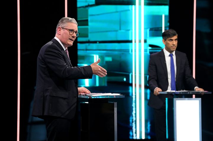 Keir Starmer and Rishi Sunak speak on stage during the first head-to-head debate of the General Election.