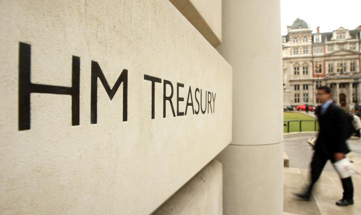 General view of the entrance to the HM Treasury building.