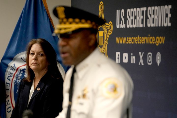 U.S. Secret Service Director Kimberly Cheatle listens to Chicago Police Superintendent Larry Snelling during a news conference about the upcoming Democratic National Convention on Tuesday in Chicago.