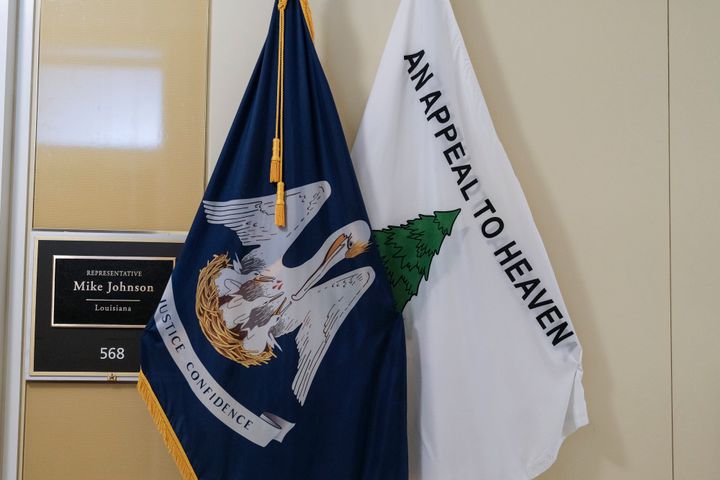 An "Appeal to Heaven" flag is seen outside of Speaker of the House Mike Johnson (R-LA) office on Capitol Hill on May 23, 2024 in Washington, D.C. The flag was toted by rioters who stormed the U.S. Capitol on January 6, 2021.