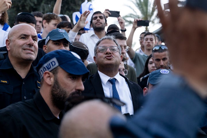 Far-right Israeli National Security Minister Itamar Ben-Gvir participates in the ultranationalist march through a sensitive Palestinian area of Jerusalem on June 5, 2024. Ben-Gvir boasted that Jews had prayed freely at a key holy site in the city, in violation of decades-old understandings.