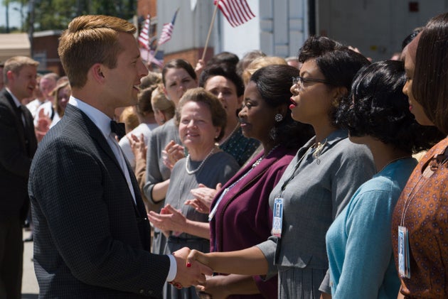 Glen Powell with Octavia Spencer, Taraji P. Henson and Janelle Monáe in Hidden Figures