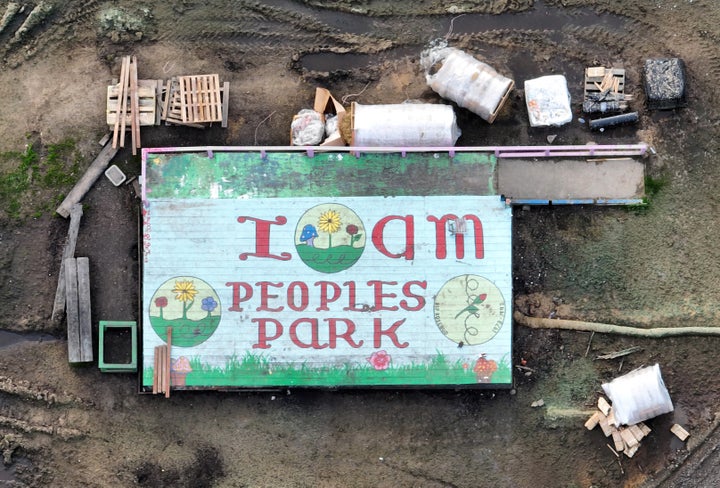 A drone view of the former stage at Peoples Park in Berkeley, Calif., on Tuesday, Jan. 23, 2023. UC Berkeley has surrounded the park with shipping containers and hired full-time security to keep people out while waiting for court approval to build student housing there. (Jane Tyska/Digital First Media/East Bay Times via Getty Images)