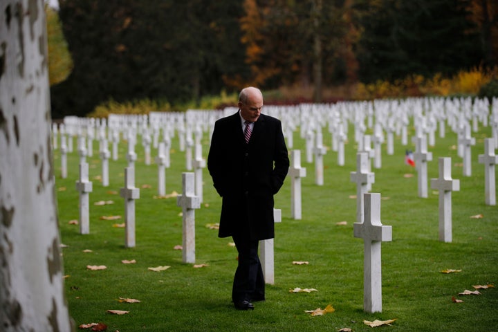 White House Chief of Staff John Kelly visits the Aisne Marne American Cemetery near the Belleau Wood battleground, in Belleau, France, Saturday, Nov. 10, 2018.