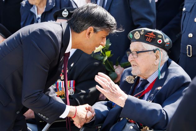 Rishi Sunak meets with a British D-Day veteran during the UK Ministry of Defence and the Royal British Legion's commemorative ceremony marking the 80th anniversary of the World War II 