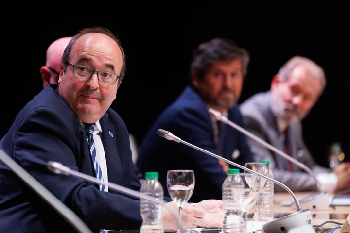 Miquel Iceta, then Spain's minister of culture and sport, speaks during a presentation at the annual observatory on piracy on Sept. 11, 2023, at the National Archaeological Museum in Madrid.