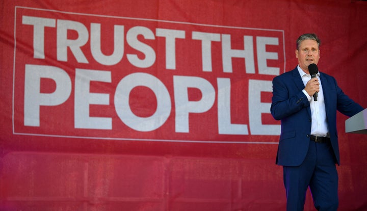 Then-Shadow Brexit Secretary Keir Starmer speaks during a rally organised by "The People's Vote" in Brighton, 2019.