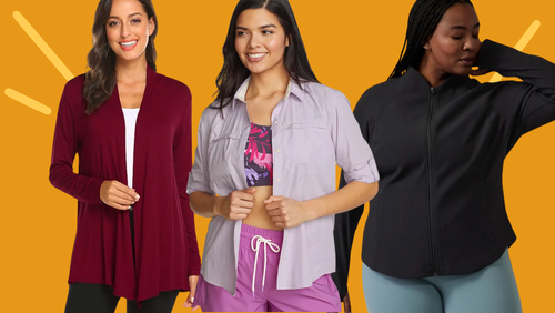 A duster-style cardigan sweater, a button-down with UPF sun protection from Eddie Bauer and a post-workout lightweight zip jacket.