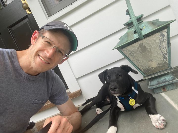 The author with his dog, Michael, in Westchester County, New York, in 2020.