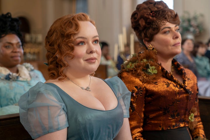 Nicola Coughlan as Penelope Featherington and Polly Walker as Lady Portia Featherington in Season 3 of "Bridgerton."