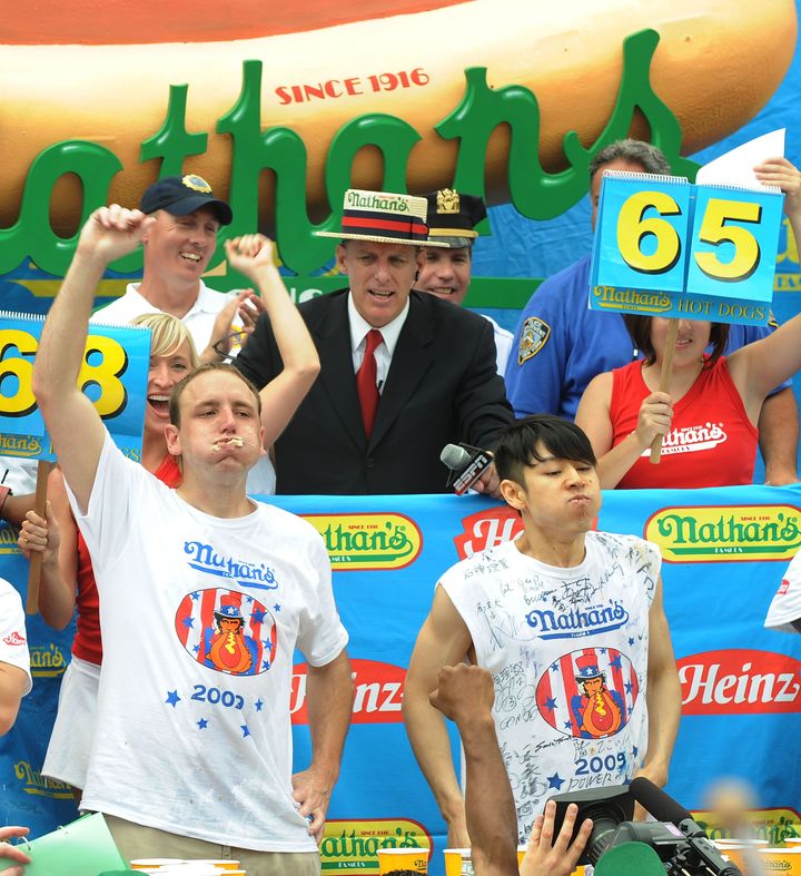 Joey Chestnut and arch-rival Takeru Kobayashi in the 2009 Nathan's contest.