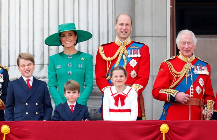 The Wales family and King Charles III watch an RAF flypast from the balcony of Buckingham Palace during Trooping the Colour on June 17, 2023, in London, England.