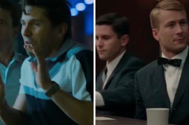 Evan Holtzman in Hit Man (left) and with Glen Powell in Hidden Figures (right)