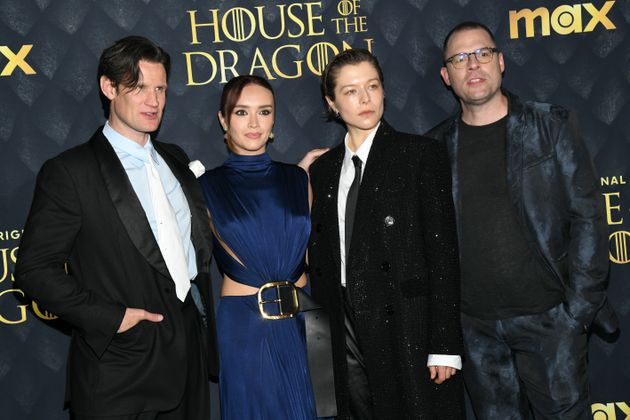 House Of The Dragon stars Matt Smith, Olivia Cooke and Emma D'Arcy with showrunner Ryan Condal at the season two premiere in New York