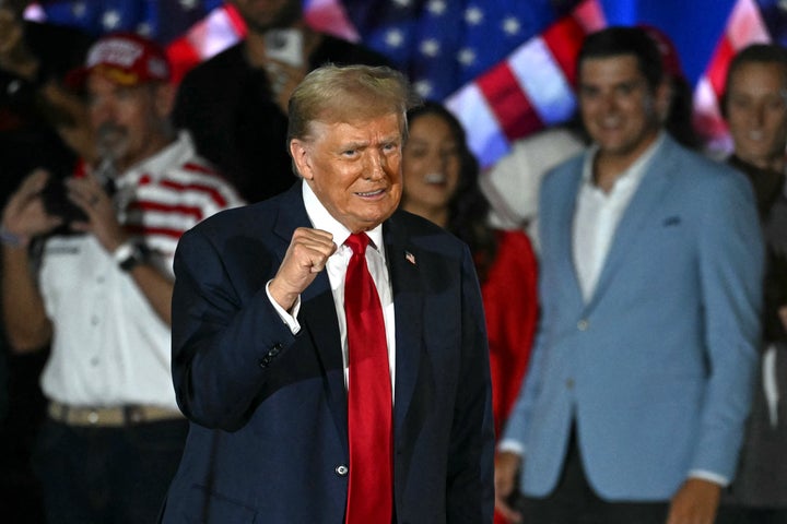 Former US President and Republican presidential candidate Donald Trump gestures during a campaign rally as he celebrates his 78th birthday at West Palm Convention Center, in West Palm Beach, Florida, on June 14, 2024. (Photo by Jim WATSON / AFP) (Photo by JIM WATSON/AFP via Getty Images)