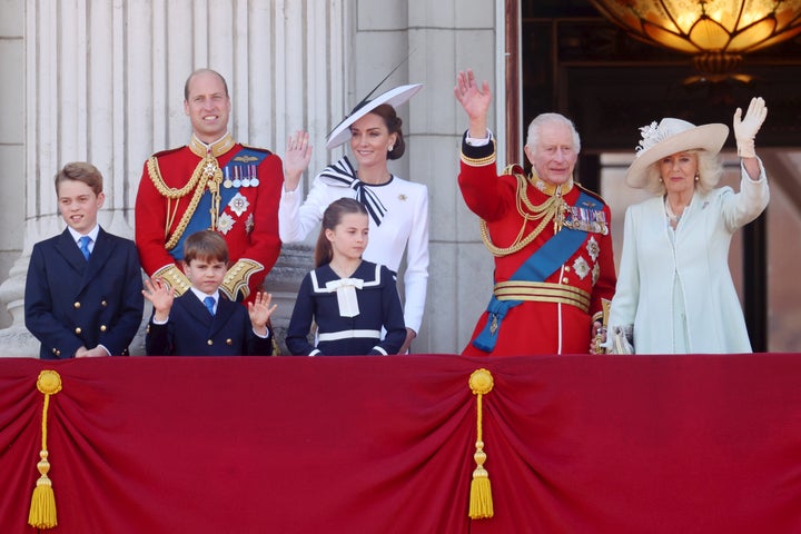 From left: Prince George of Wales; Prince William, Prince of Wales; Prince Louis of Wales; Princess Charlotte of Wales; Catherine, Princess of Wales; King Charles III and Queen Camilla. The royal household appears on a veranda throughout Trooping the Color at Buckingham Palace. The occasion includes over 1,400 soldiers and officers, accompanied by 200 horses. More than 400 artists from 10 various bands and Corps of Drums march and carry out in best consistency.