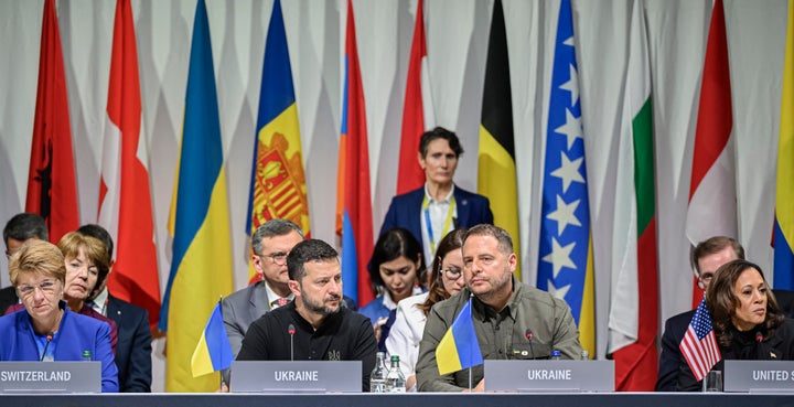 From left: Swiss Federal President Viola Amherd; Ukraine's President Volodymyr Zelensky; Ukraine's presidential office head Andriy Yermak; and U.S. Vice President Kamala Harris are shown at the luxury Burgenstock resort near Lucerne.