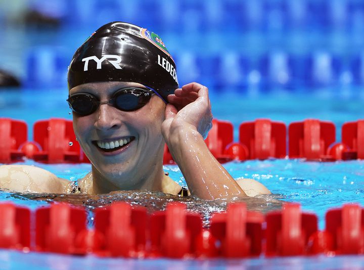 Katie Ledecky reacts after the preliminary heat for the Women's 400m freestyle on Day One of the 2024 U.S. Olympic Team Swimming Trials at Lucas Oil Stadium on June 15, 2024 in Indianapolis, Indiana.