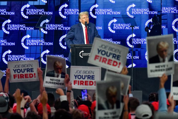 DETROIT, MICHIGAN - JUNE 15, 2024: Former President Donald Trump speaks at The People's Convention hosted by Turning Point Action at The Huntington Place in Detroit, MI on June 15, 2024. (Photo by Adam J. Dewey/Anadolu via Getty Images)