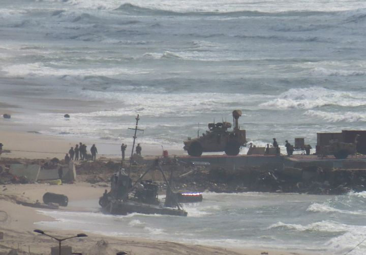 A view of the damaged floating pier built by the U.S. to facilitate quicker delivery of humanitarian aid to Palestinians, after it was suspended due to adverse weather conditions and rising sea levels in Gaza City, Gaza on May 27, 2024.