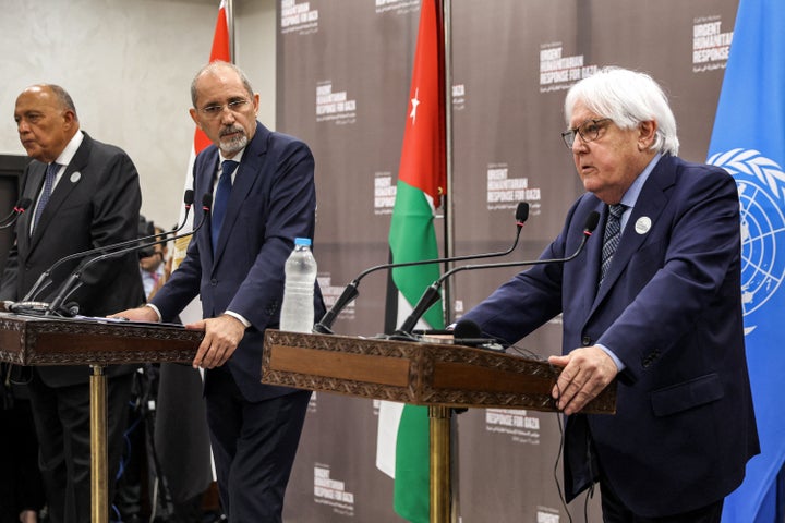 Jordanian Foreign Minister Ayman Safadi (C), his Egyptian counterpart Sameh Shoukri (L) and the UN Undersecretary-General for Humanitarian Affairs and Emergency Relief Coordinator Martin Griffiths talk to the media during the "Call for Action: Urgent Humanitarian Response for Gaza" conference, at the Dead Sea in Jordan on June 11, 2024.