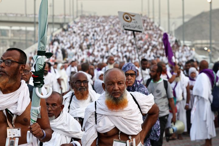 Muslim pilgrims arrive to perform the symbolic "stoning of the devil" ritual as part of the Hajj pilgrimage in Mina, near Saudi Arabia's holy city of Mecca, on June 16, 2024.