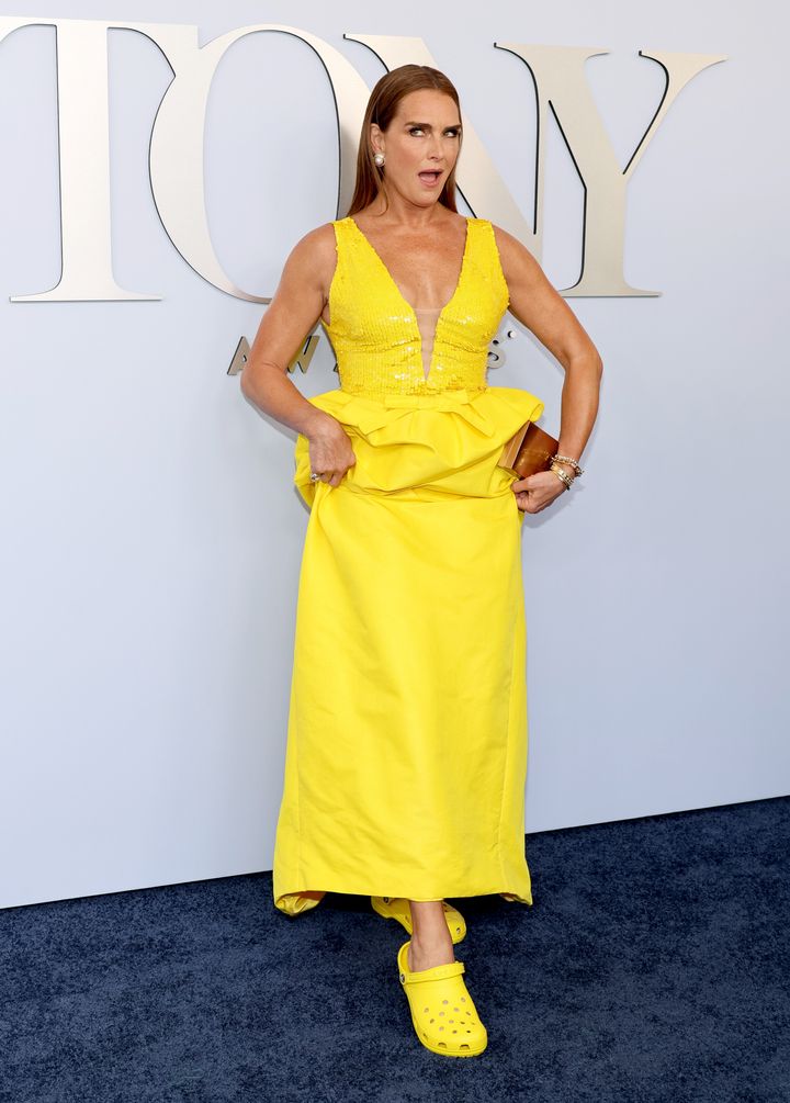 Brooke Shields sported yellow Crocs at the 77th Tony Awards in New York on Sunday.
